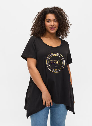 Katoenen t-shirt met korte mouwen en a-lijn, Black FIERCE, Model image number 0