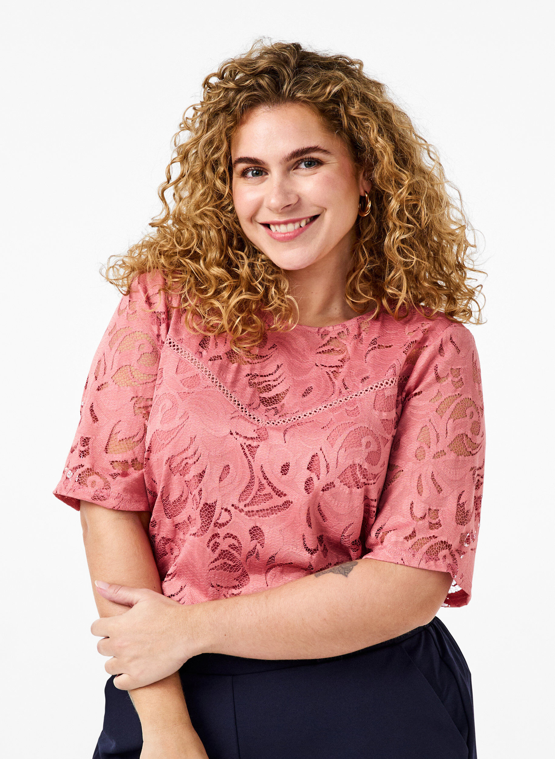 Zizzi Kanten blouse met korte mouwen, Dusty Rose, Model image number 0