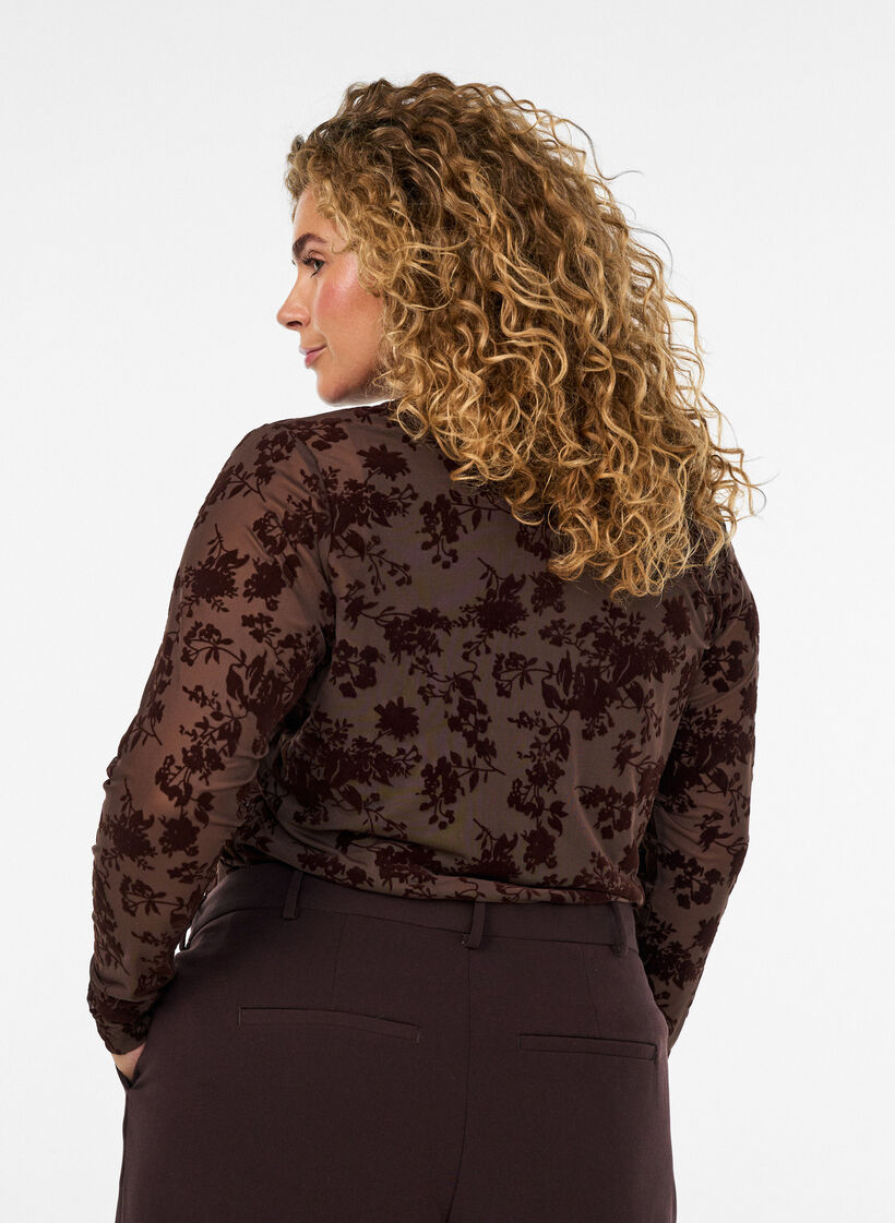 Mesh blouse met bloemenpatroon, Bruin, Model image number 2