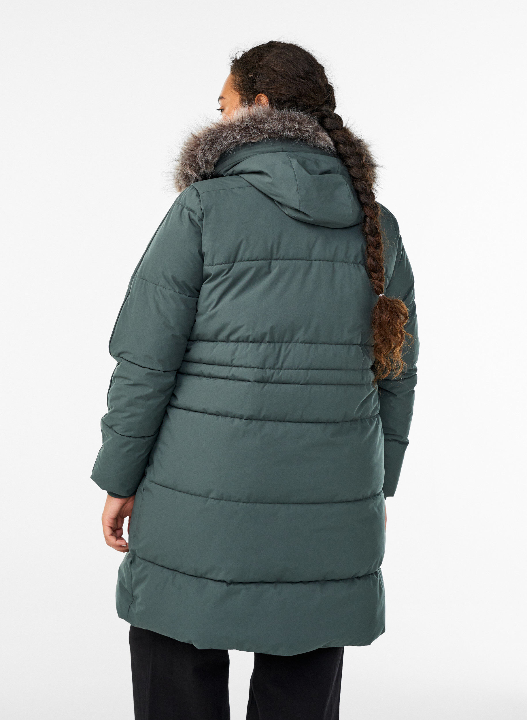 Zizzi Waterafstotende parka met imitatiebontkraag, Groen, Model image number 2