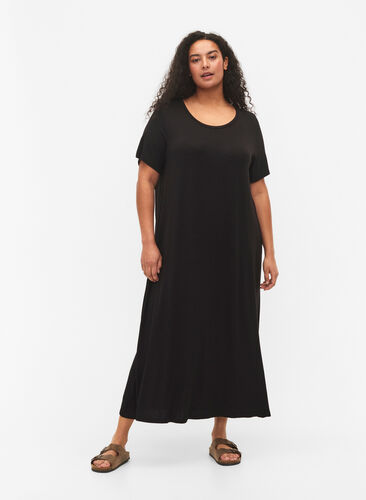 Midi-jurk van viscose met korte mouwen, Black, Model image number 0
