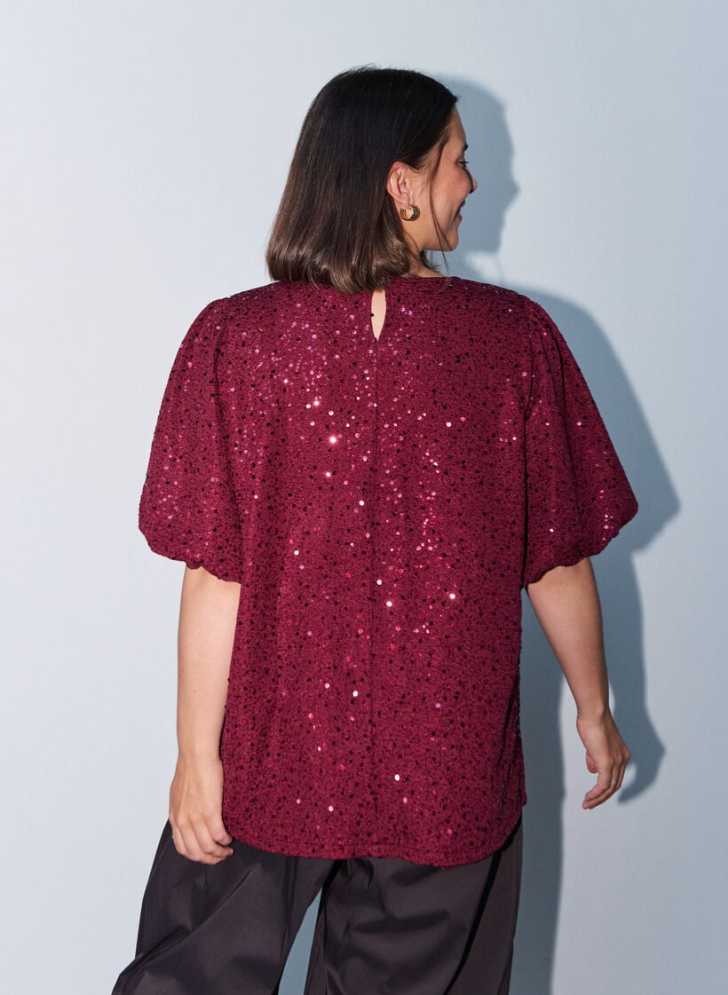 Blouse met pailletten en ballonmouwen, Rood, Model image number 2