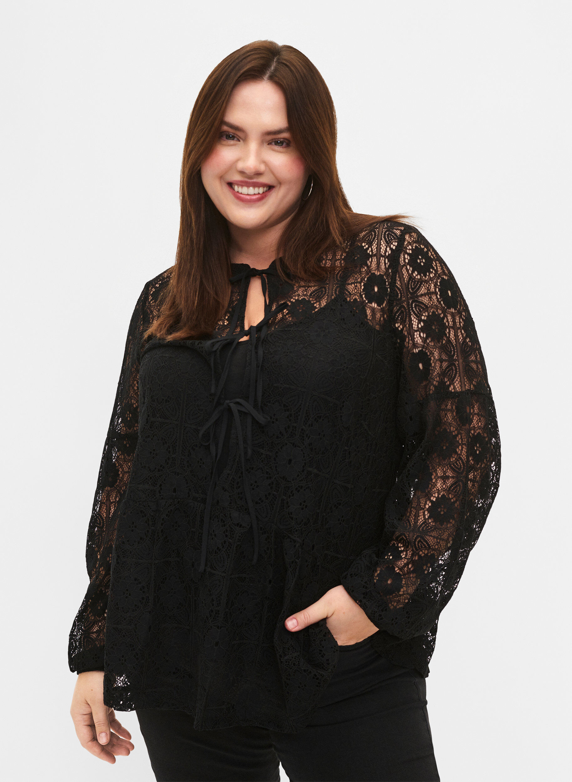Zizzi Kanten blouse met strikdetail, Black, Model image number 0