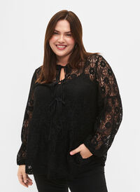 Kanten blouse met strikdetail, Black, Model