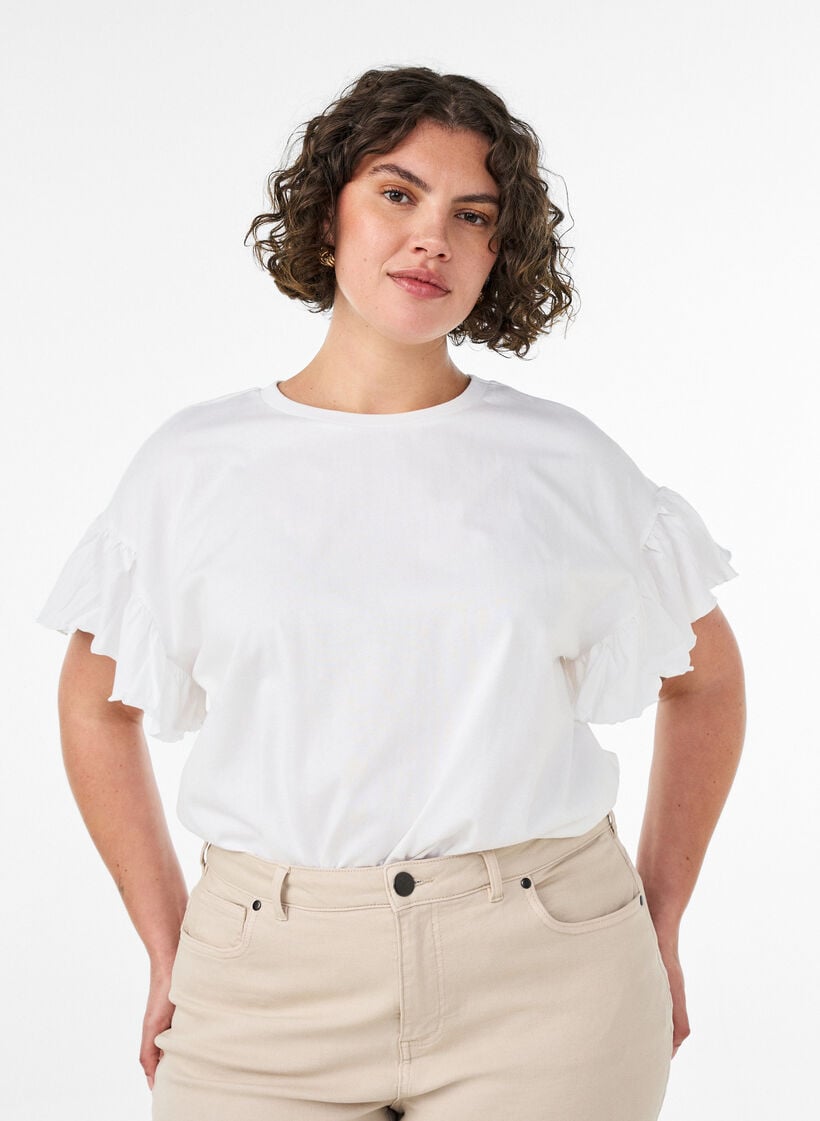 T-shirt van biologisch katoen met ruches mouwen, Wit, Model image number 0