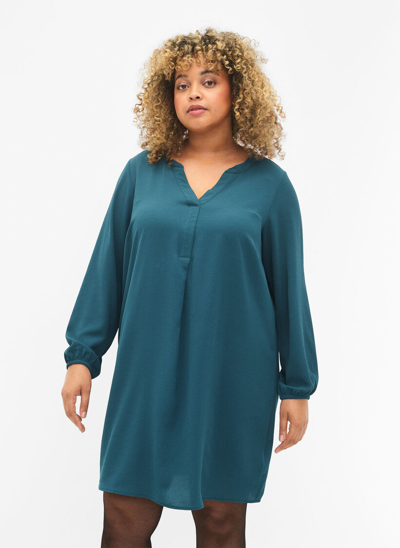 Jurk met lange mouwen en V-hals, Deep Teal, Model image number 0