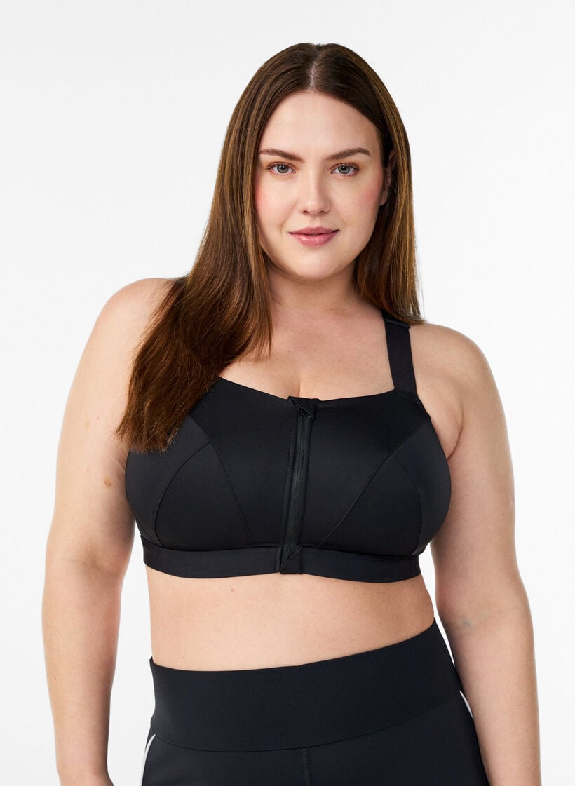 Sportbeha met sluiting aan de voorkant en goede ondersteuning, Zwart, Model image number 0