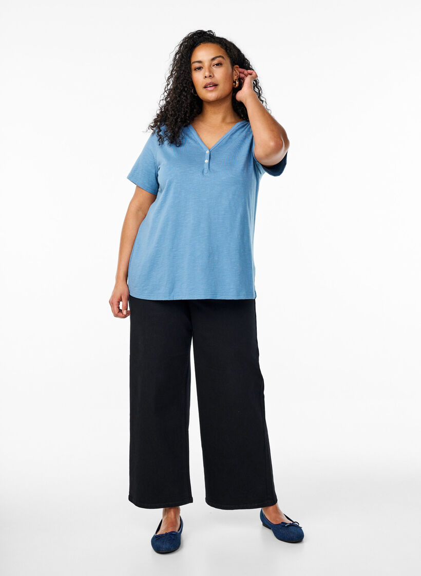 FLASH - T-shirt met knoopdetail, Blauw, Model image number 1