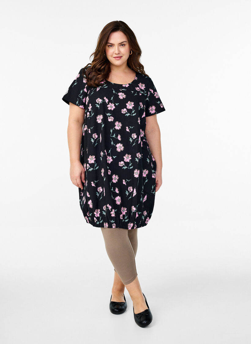 Katoenen jurk met korte mouwen en print, Zwart, Model image number 1