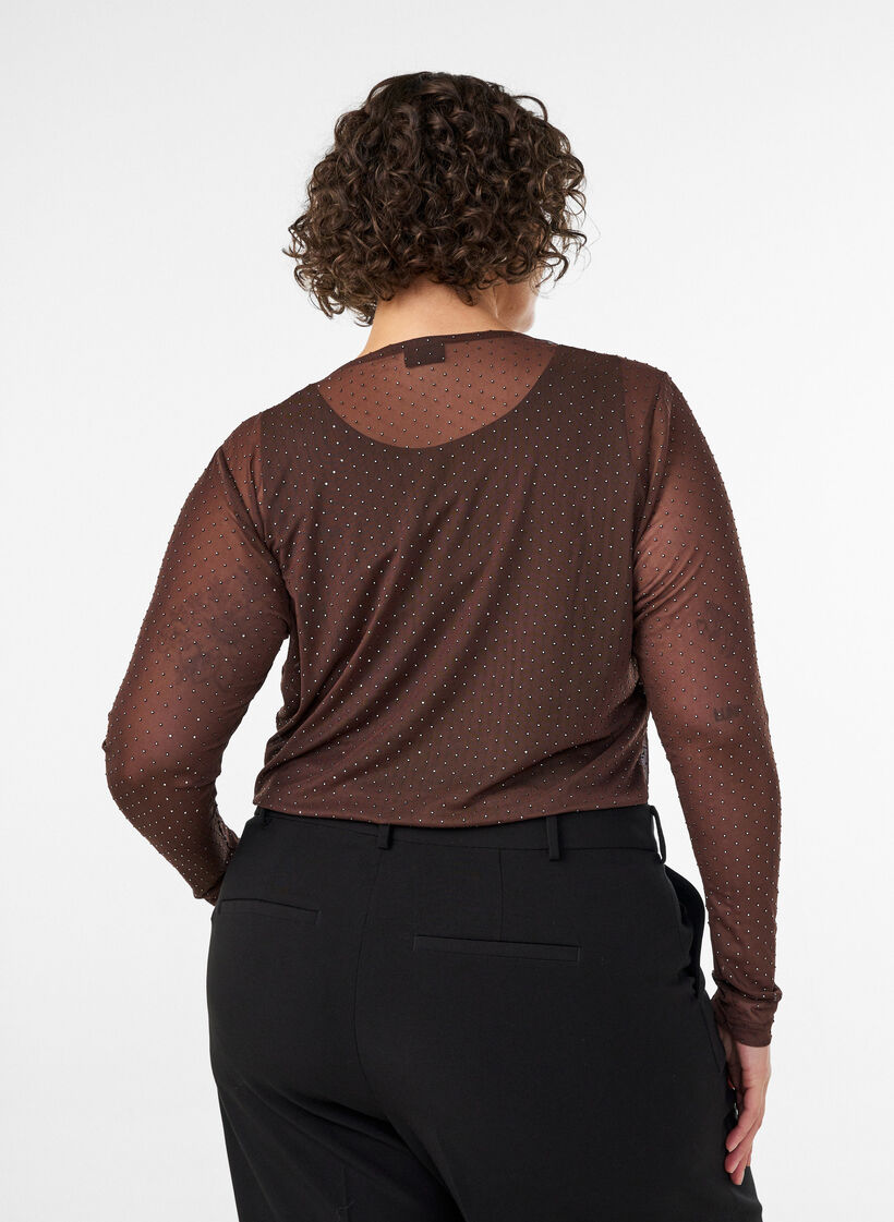 Transparante mesh blouse met strassteentjes, Bruin, Model image number 2
