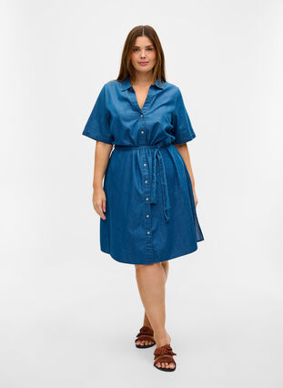Katoenen denim jurk met tailleriem, Medium Blue, Model image number 2
