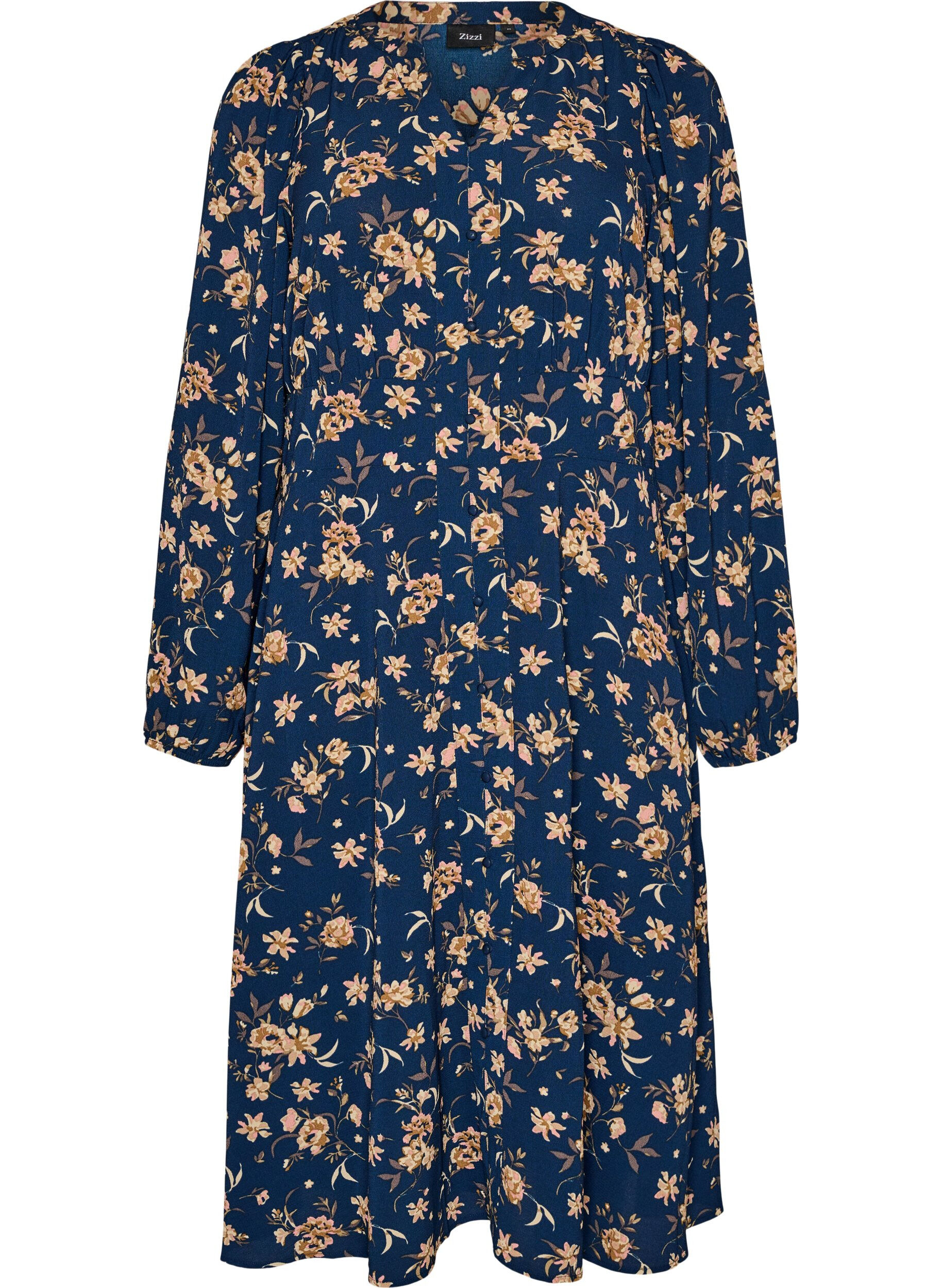 ZizziMidi-jurk met smock en decoratieve knopen, Blauw, Packshot image number 0