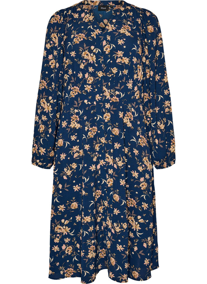 Midi-jurk met smock en decoratieve knopen, Blauw, Packshot image number 0