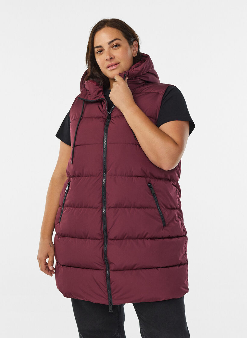 Lange vest met capuchon en zakken, Rood, Model image number 0