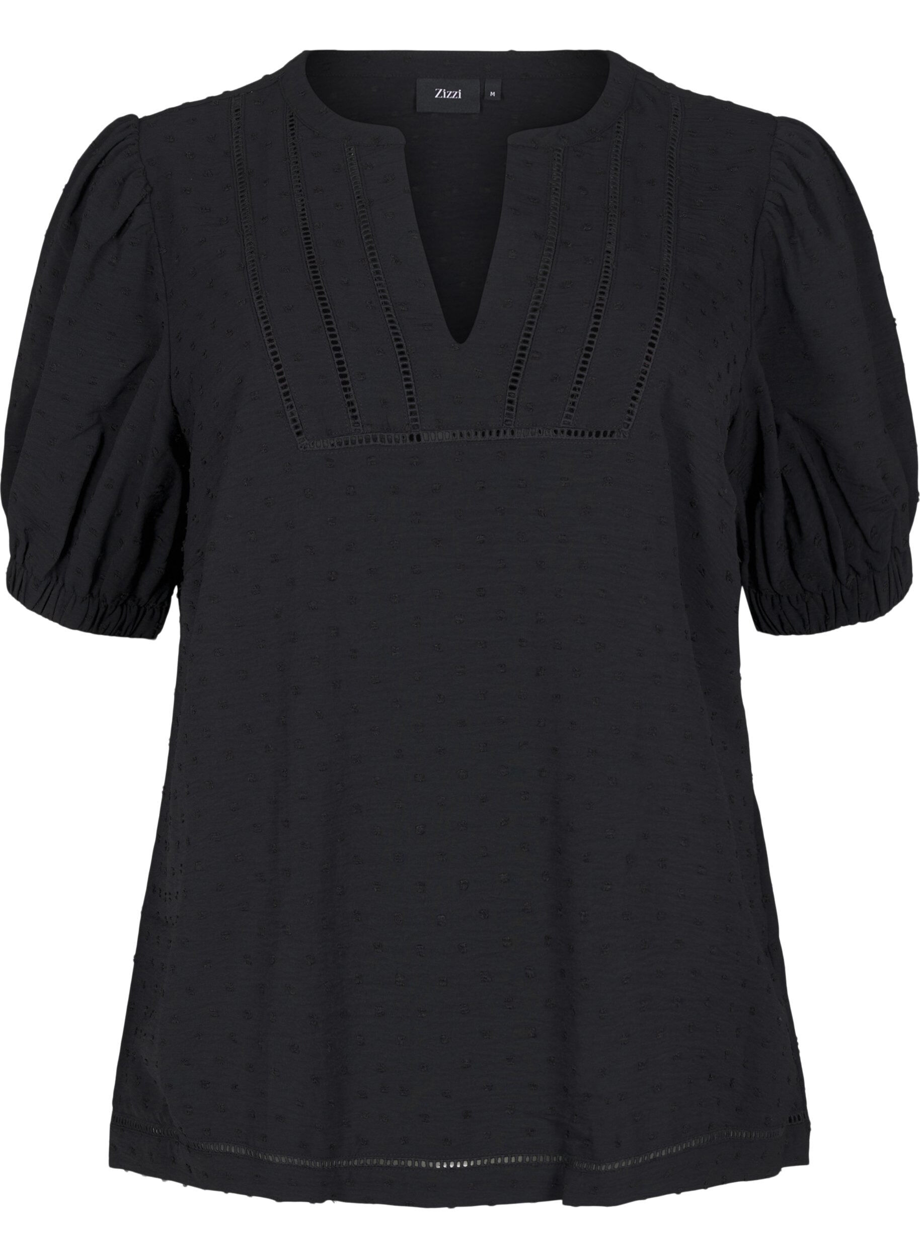 Zizzi Blouse met korte pofmouwen en gestippelde textuur, Black, Packshot image number 0