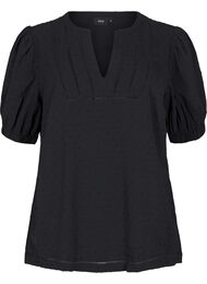 Blouse met korte pofmouwen en gestippelde textuur, Black