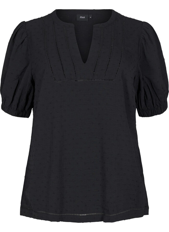 Blouse met korte pofmouwen en gestippelde textuur, Black, Packshot image number 0