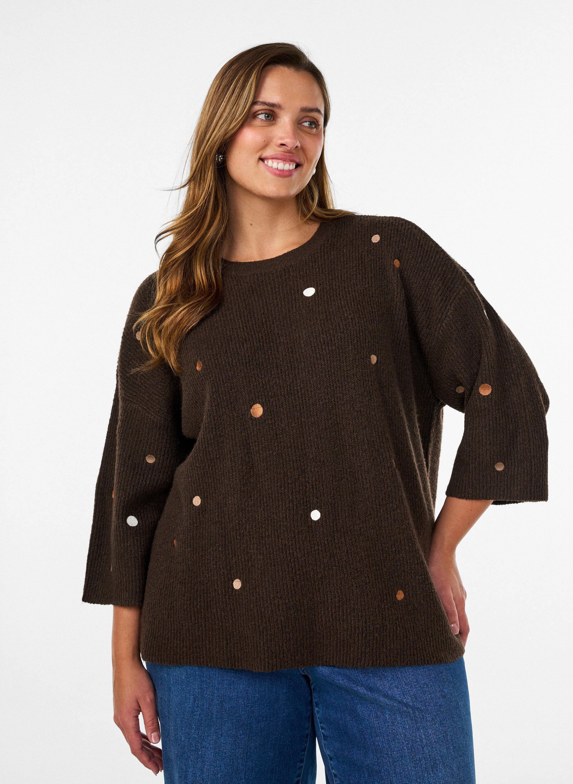 ZizziGebreide blouse met kleine geborduurde motieven, Bruin, Model image number 0