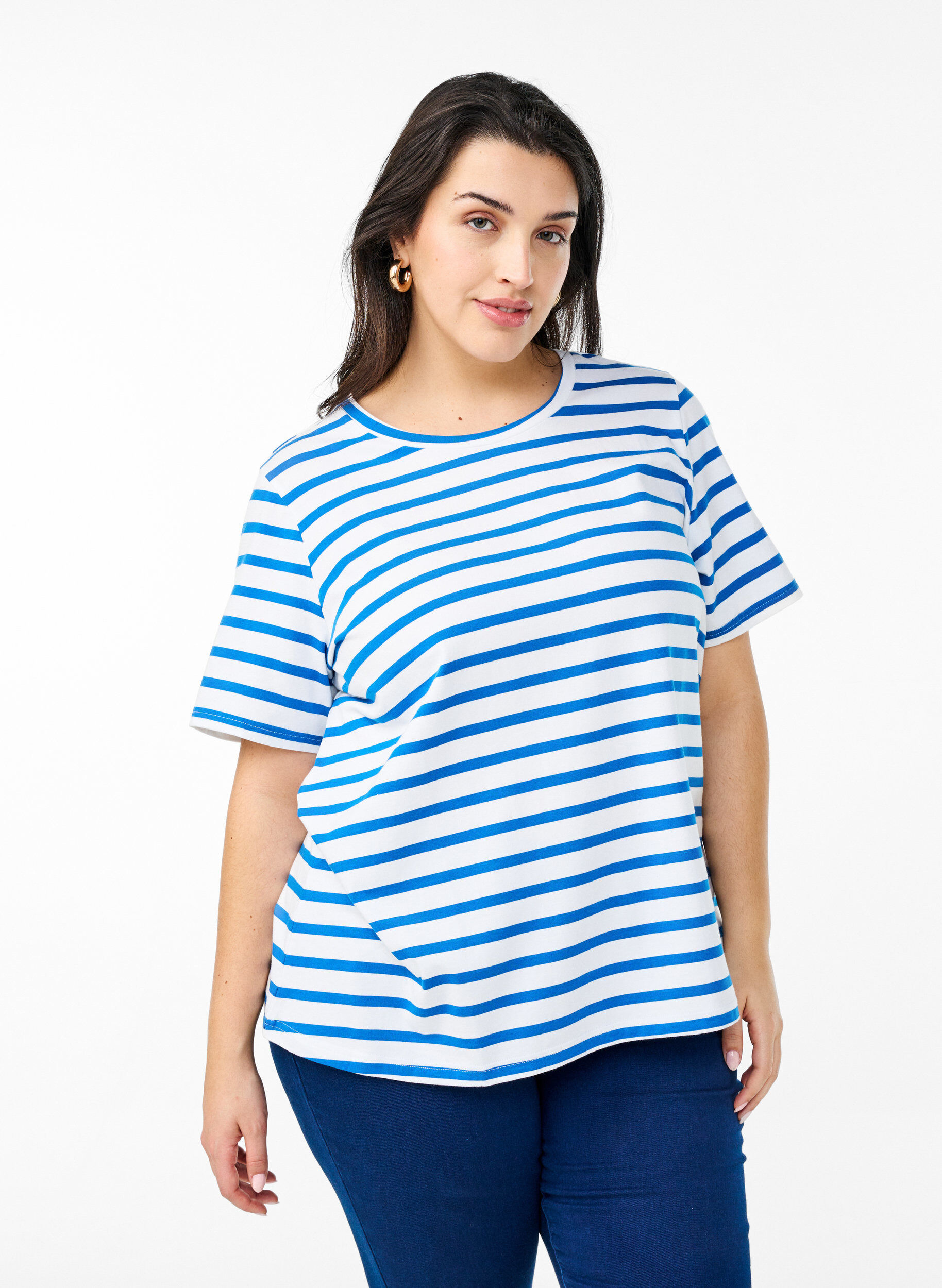 Zizzi Gestreept T-shirt van biologisch katoen, Blauw, Model image number 0