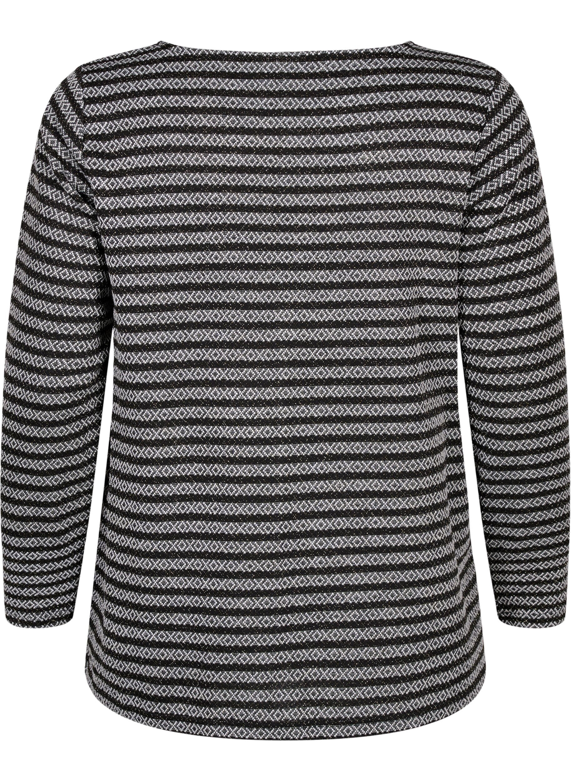 Zizzi Blouse met ronde hals en gestreept patroon, Black Stripe, Packshot image number 1