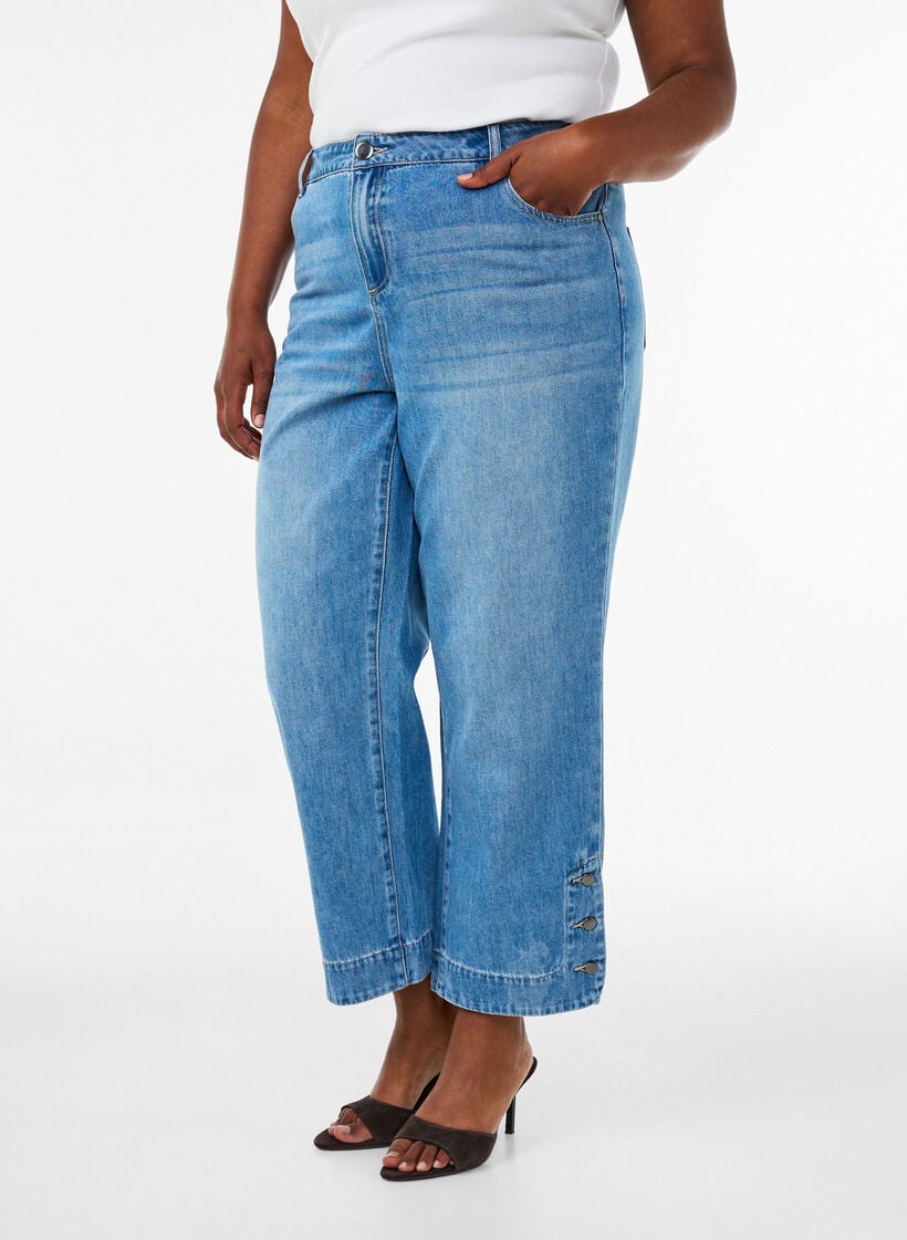 Gecropte Kiana jeans met straight-fit en knoopdetails, Blauw, Model image number 2