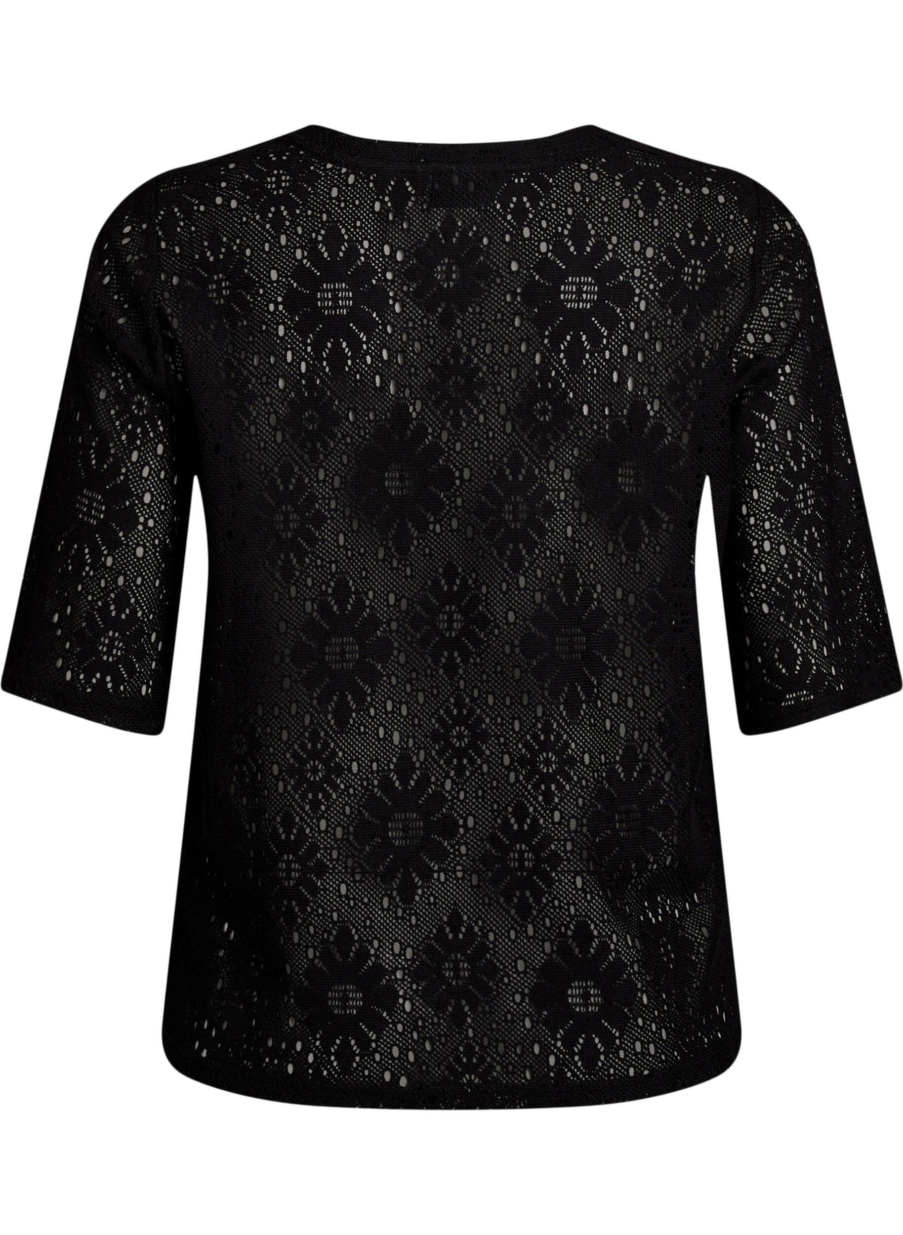 Zizzi Blouse met kort mouwen en een opengewerkt patroon, Zwart, Packshot image number 1