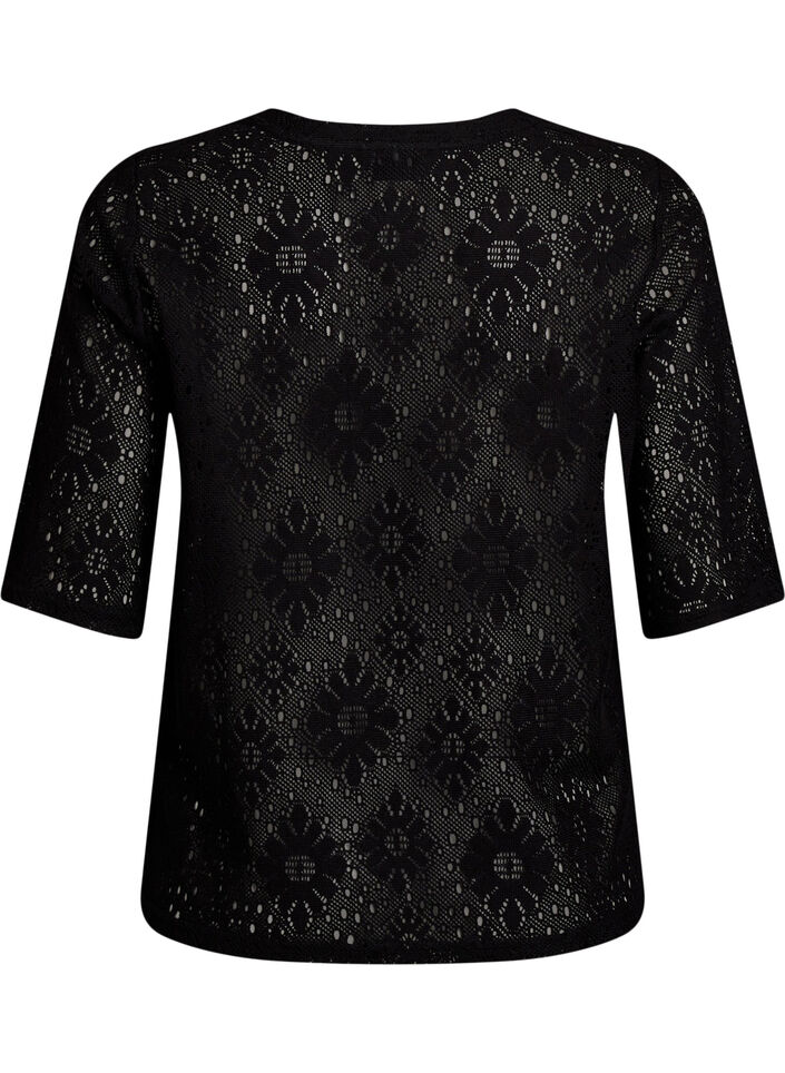 Blouse met kort mouwen en een opengewerkt patroon, Zwart, Packshot image number 1