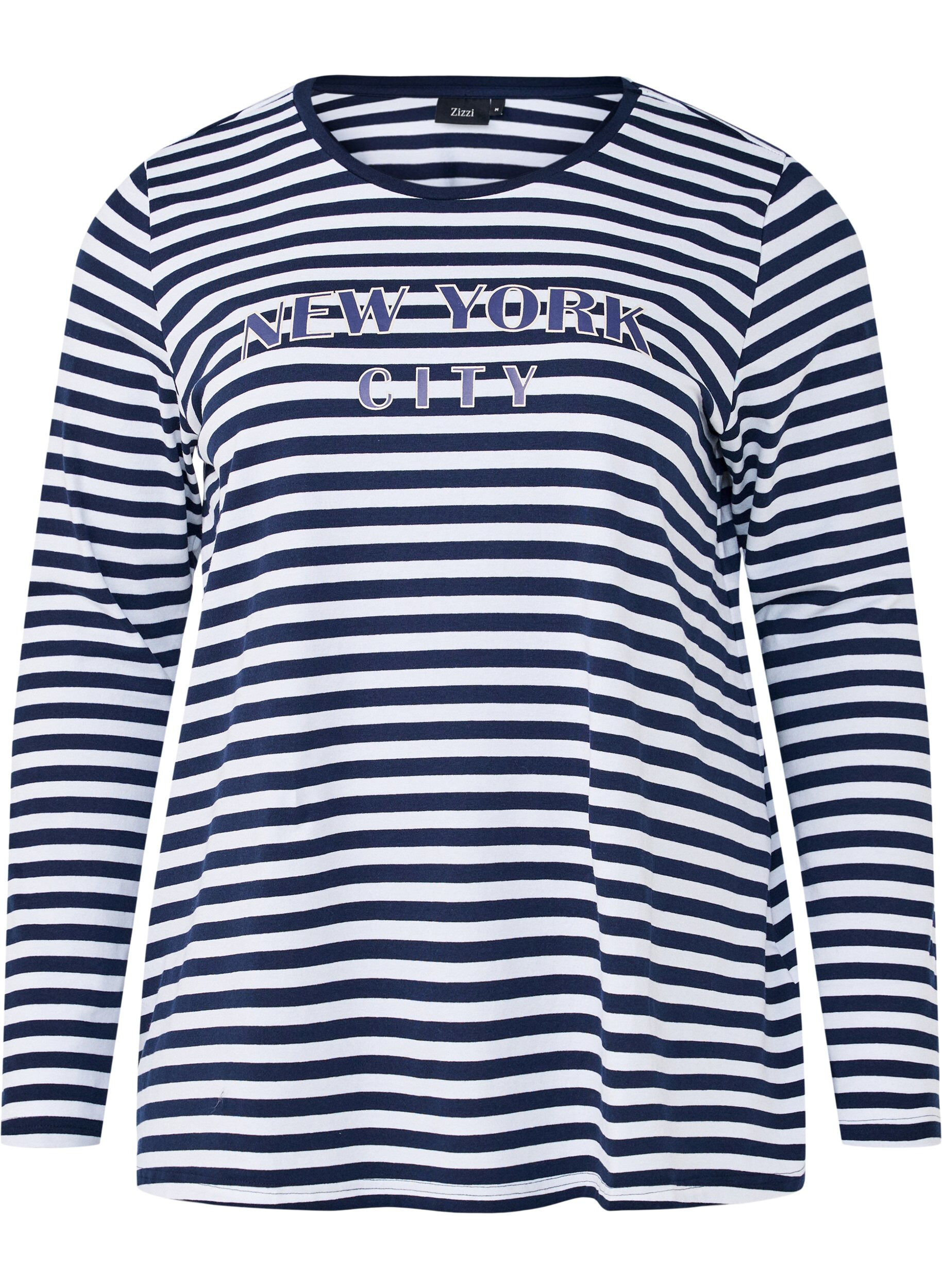 Zizzi Gestreepte blouse met motief, White w.Navy Stripe, Packshot image number 0