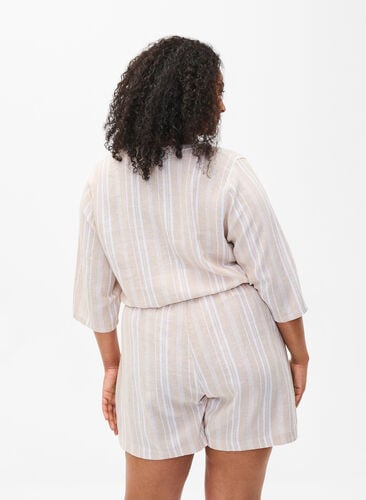 Gestreepte korte broek van linnen en viscose, Beige White Stripe, Model image number 1