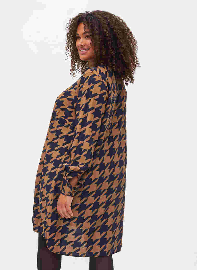 Lang viscose overhemd met patroon, Brown Houndsthooth, Model image number 1