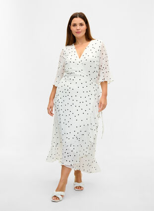 Midi-jurk met stippen en overslag, Bright White w. Dots, Model image number 2
