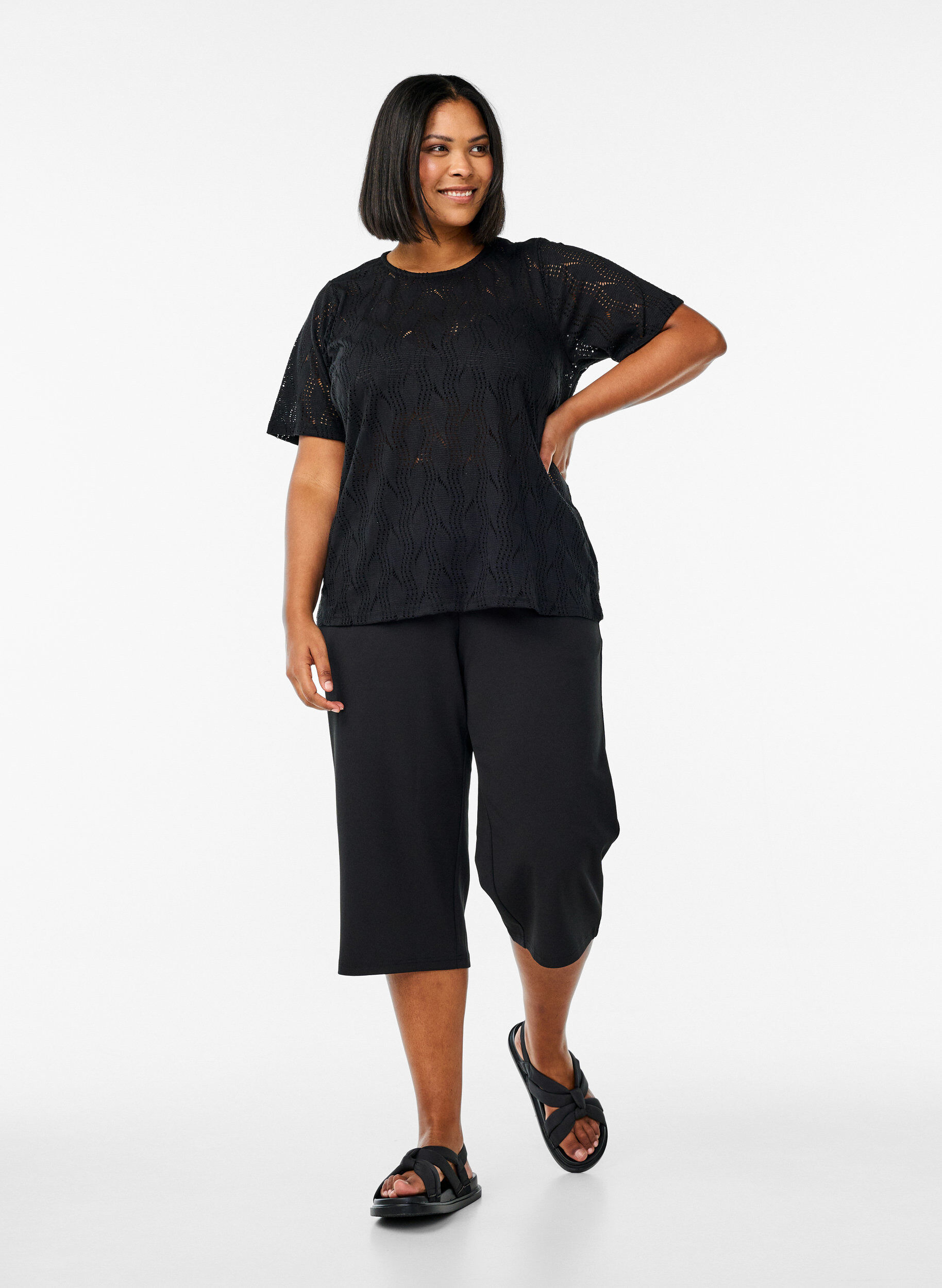 Zizzi Jersey T-shirt met oogjespatroon, Zwart, Model image number 1