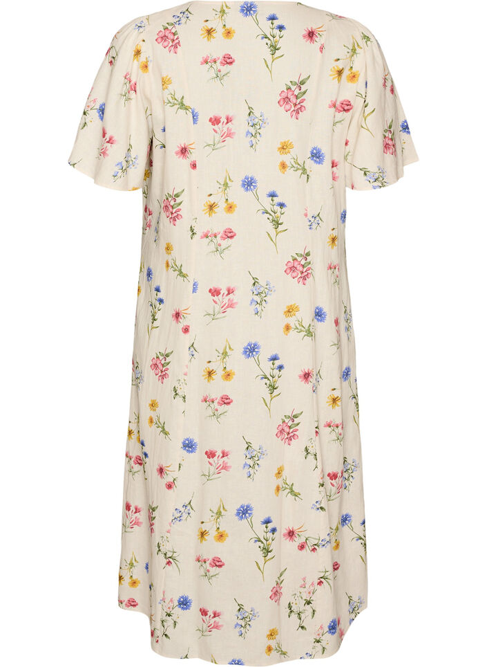 Midi jurk in linnen en viscose met ruchesmouwen, Beige, Packshot image number 1