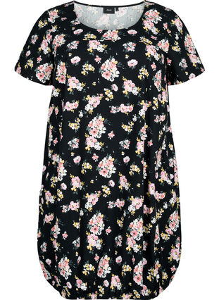 Bedrukte katoenen jurk met korte mouw, Black W. Rose F. , Packshot image number 0