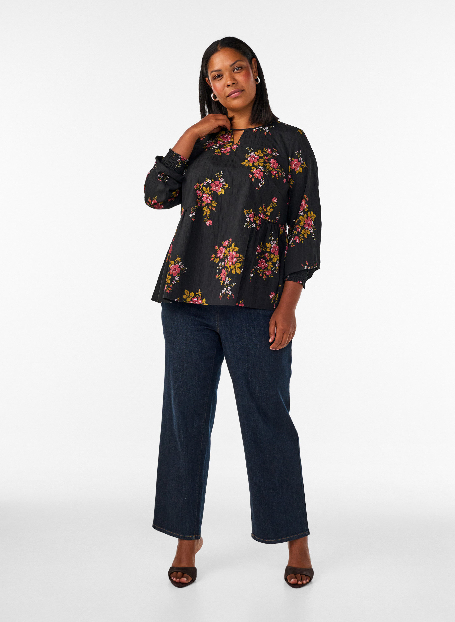ZizziBlouse met lange mouwen en bloemenprint, Zwart, Model image number 1