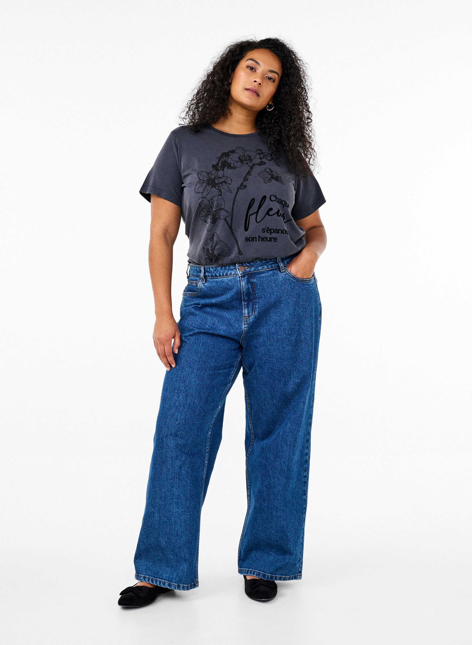 Zizzi T-shirt van biologisch katoen met print, Grijs, Model image number 1