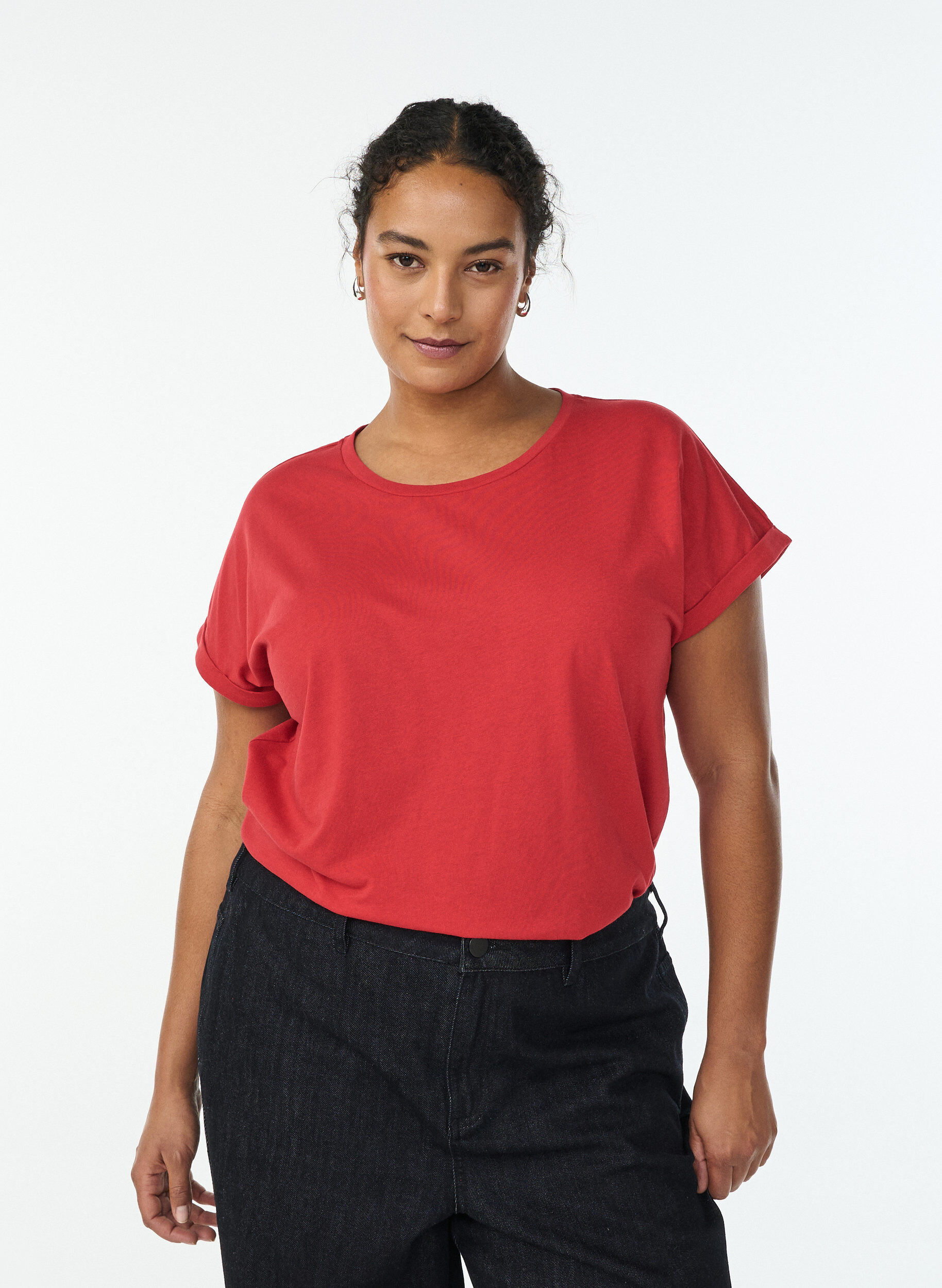 T-shirt met korte mouwen van katoenmix, Rood, Model