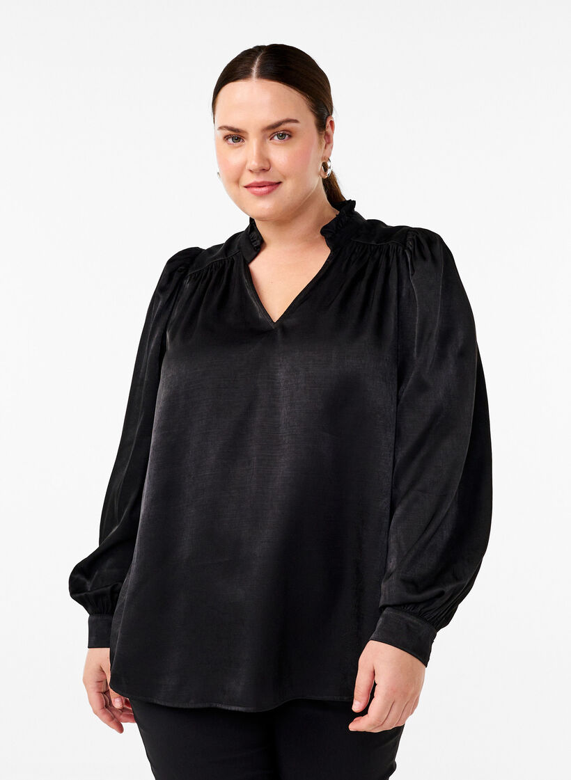 Blouse met lange mouwen, ruches en V-hals, Black, Model image number 0