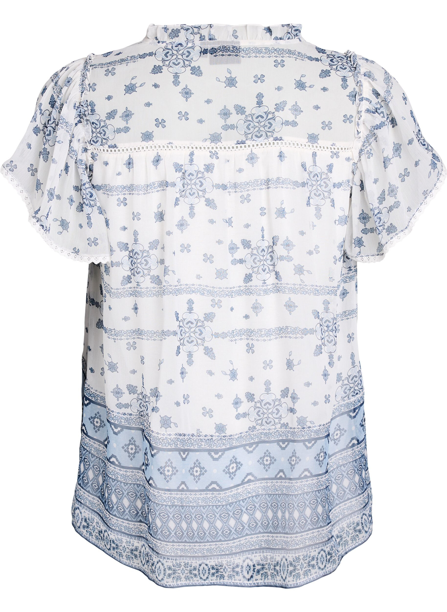 Zizzi Blouse met patroon, ruches en korte mouwen, Wit, Packshot image number 1