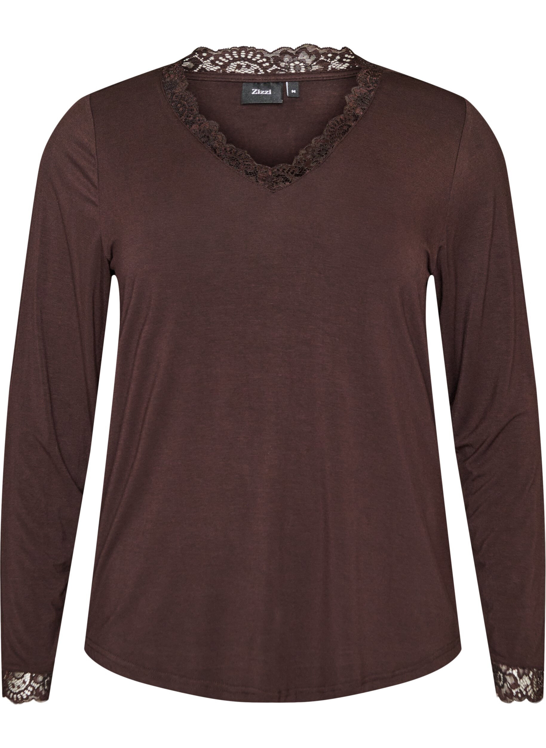 ZizziViscose blouse met kanten afwerking en V-hals, Bruin, Packshot image number 0