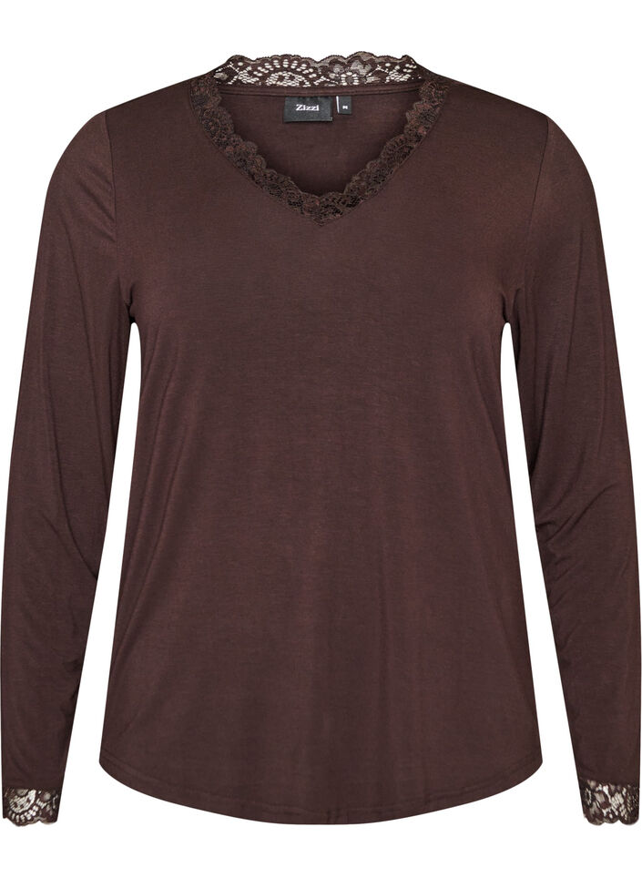 Viscose blouse met kanten afwerking en V-hals, Bruin, Packshot image number 0
