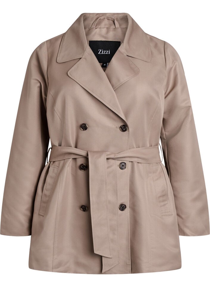 Korte trenchcoat met riem, Grijs, Packshot image number 0