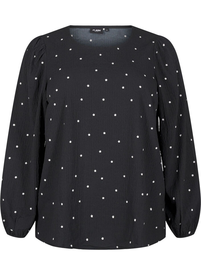 FLASH - Blouse met lange mouwen en kleine bloemen, Black White Flower, Packshot image number 0