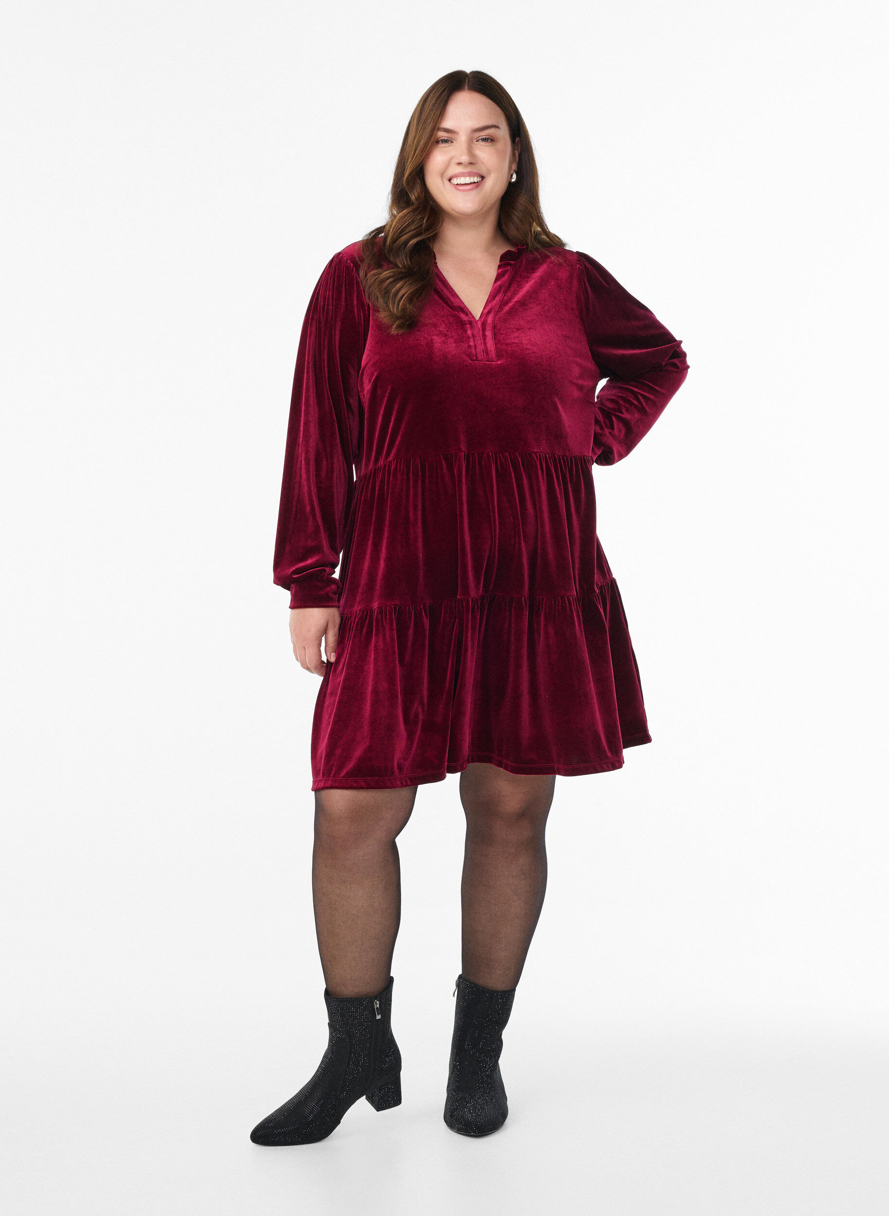 ZizziVeloursjurk met lange mouwen en een ruchekraag, Rood, Model image number 1