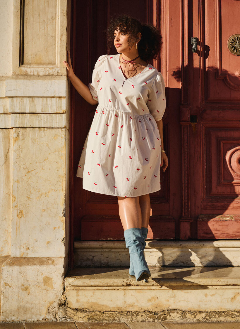 Jurk met kersenprint en A-vorm, B. White/Cherry, Image image number 0
