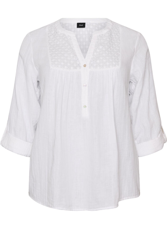 Blouse in katoenen mousseline met broderie anglaise, Wit, Packshot image number 0
