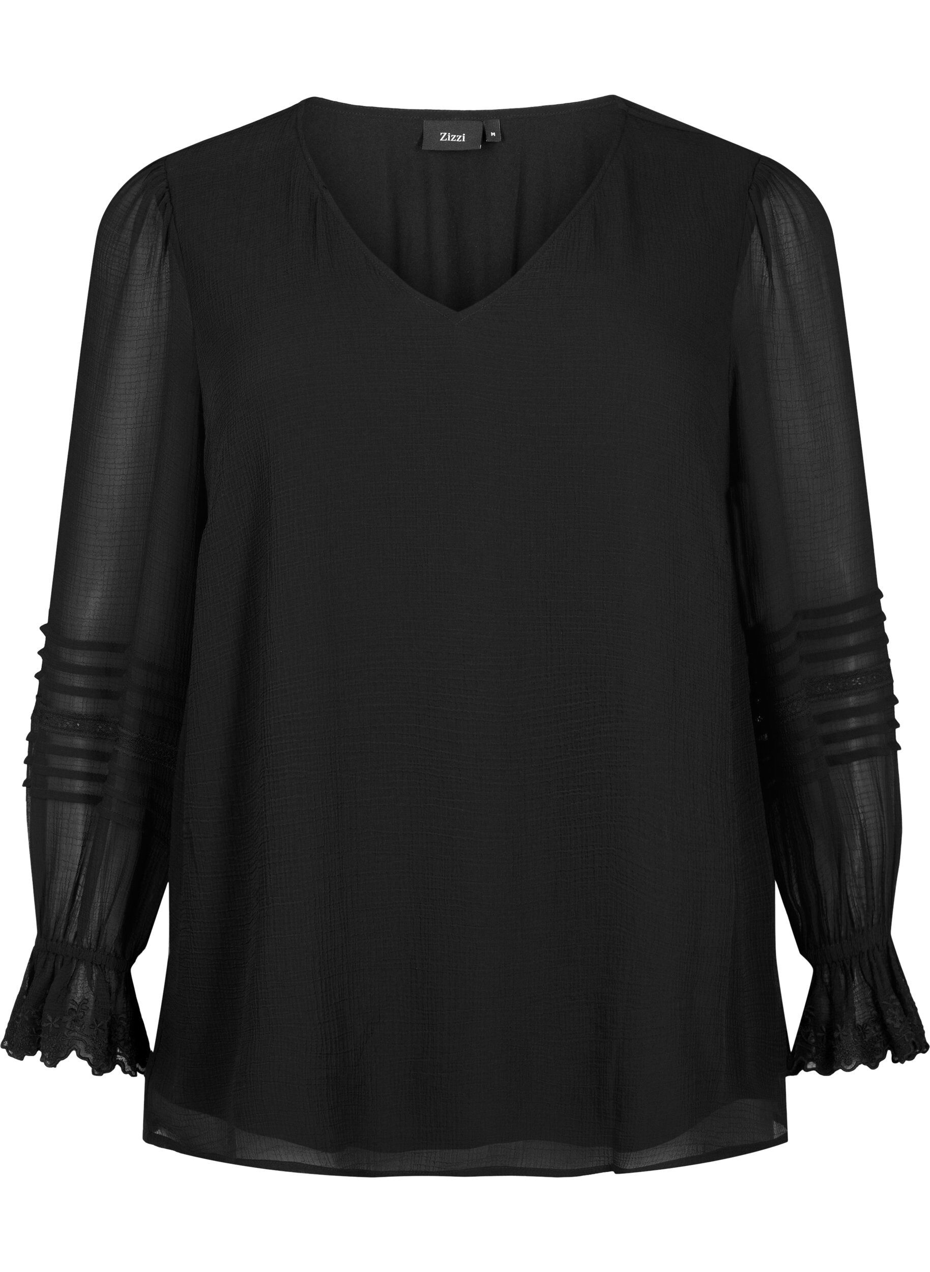 Zizzi Blouse met V-hals en ruches aan de mouwen, Black, Packshot image number 0