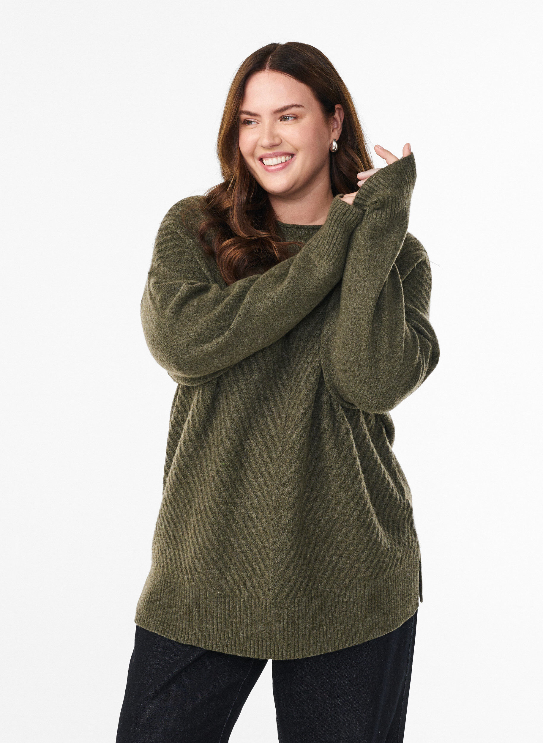 ZizziGebreide blouse met V-vormig geribd patroon en zijsplitjes, Groen, Model image number 0
