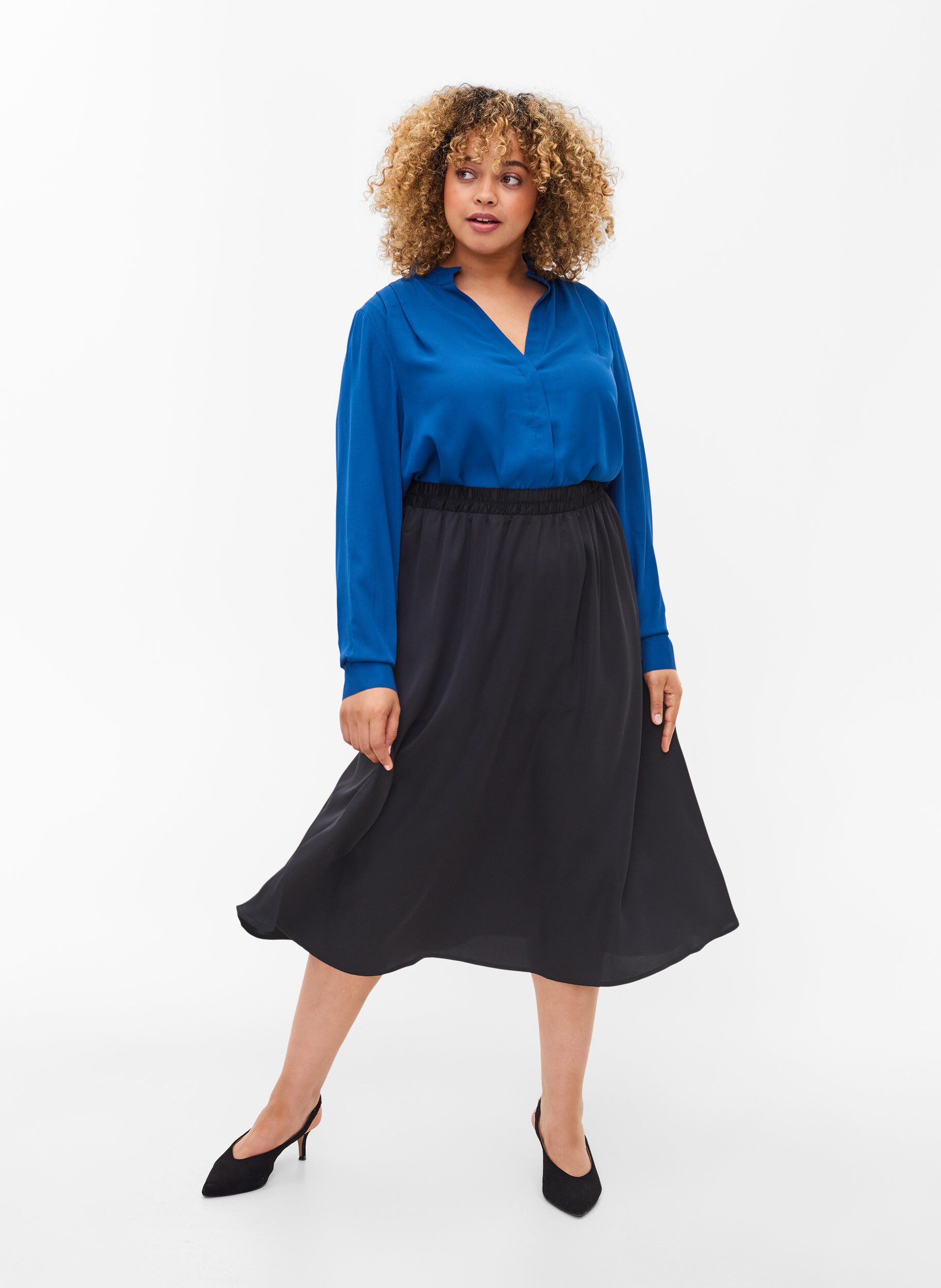 Zizzi Losjes vallende midi rok, Black, Model image number 0