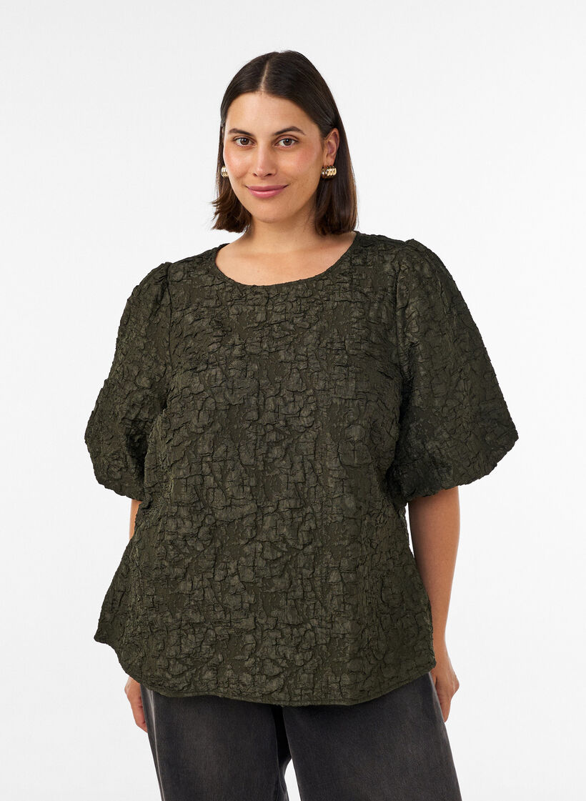 Jacquard blouse met pofmouwen en A-lijnvorm, Groen, Model image number 0